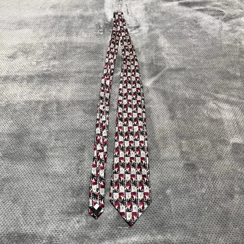 Pierre Cardin Mens Silk Tie Burgundy Silver Gold Geometric Scroll Pattern Wide